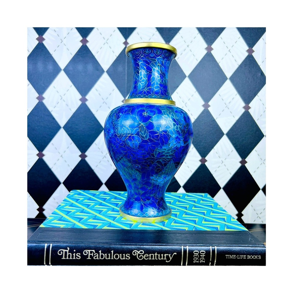 Large Blue Cloisonné 10" Floral Vase Brass Trim Vintage Elegance